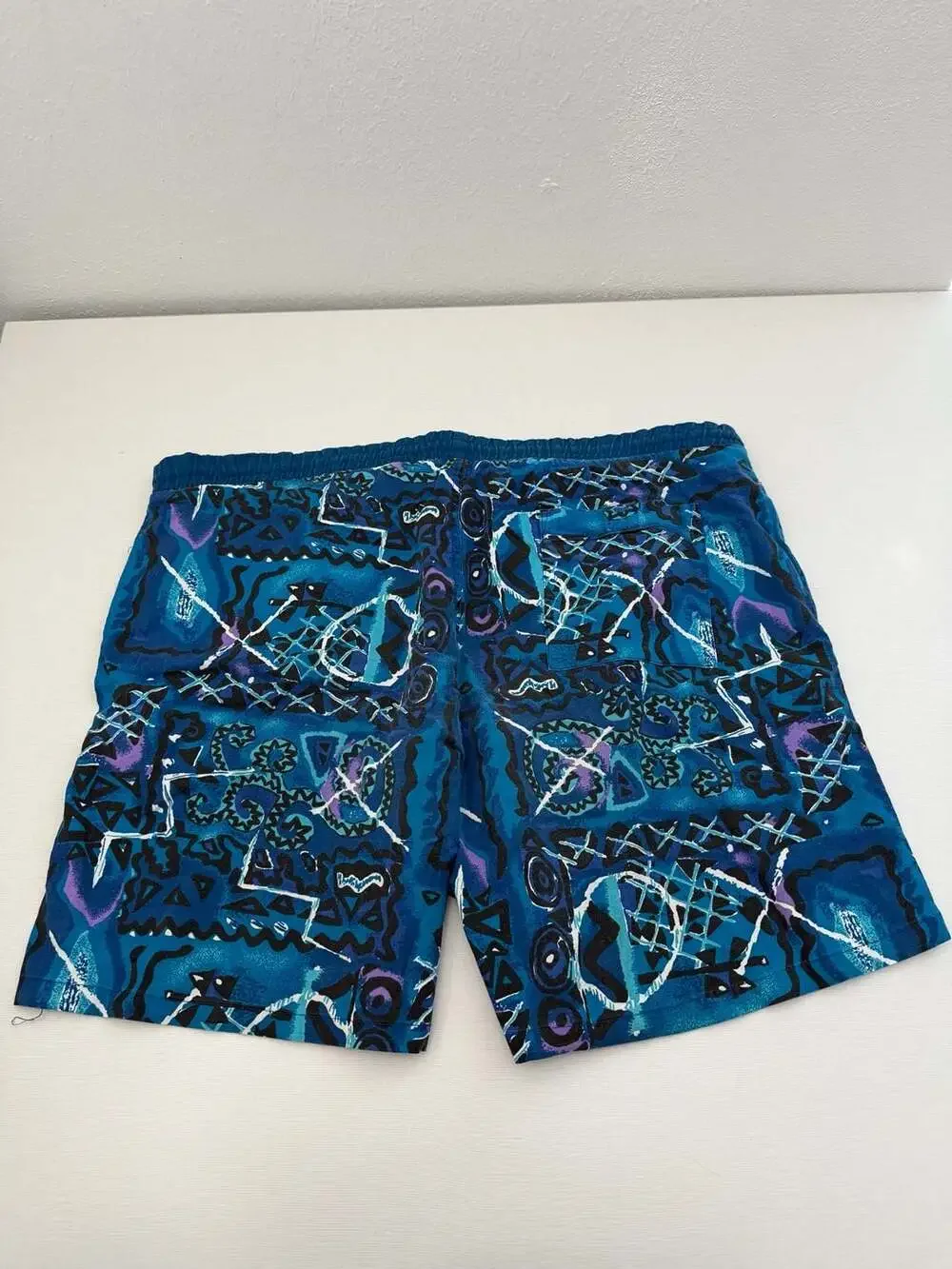 Vintage 90s Abstract Geometric Print Swim Trunks by Basic Editions Large